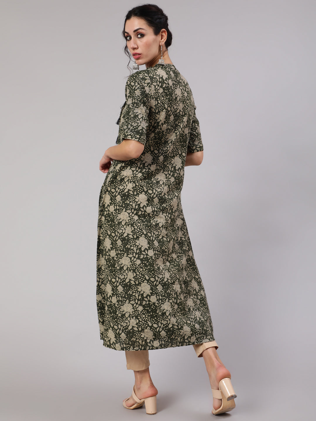 Women's Green Floral Print Kantha Work A-Line Kurta