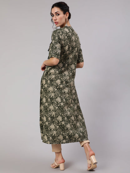 Women's Green Floral Print Kantha Work A-Line Kurta