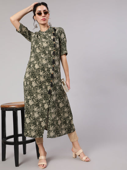 Women's Green Floral Print Kantha Work A-Line Kurta