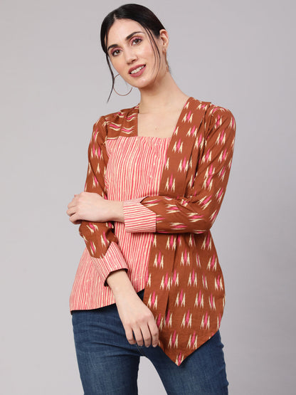 Women's Brown Ikat Print Layered Top