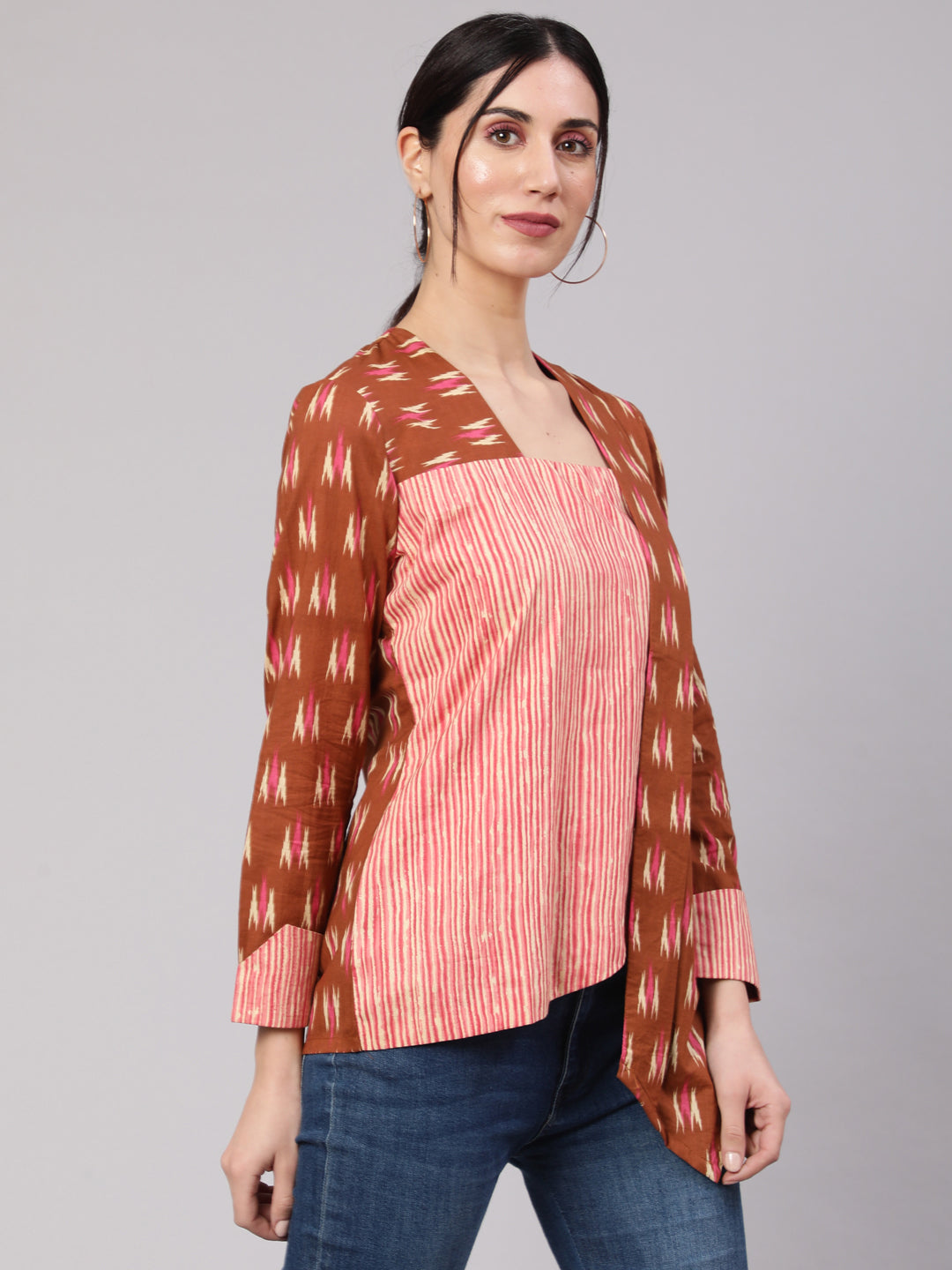 Women's Brown Ikat Print Layered Top