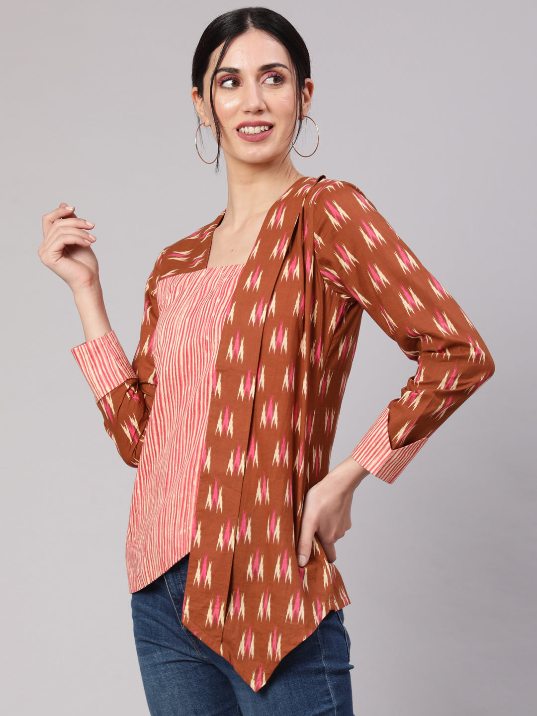 Women's Brown Ikat Print Layered Top