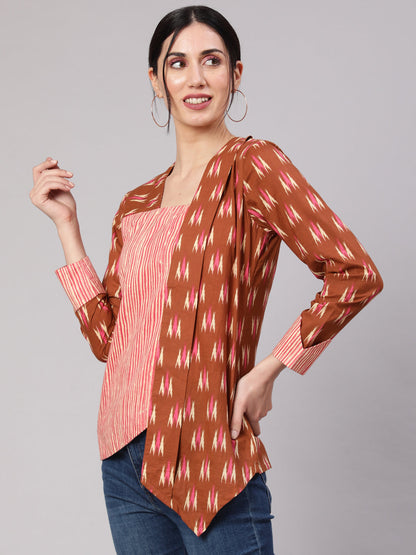 Women's Brown Ikat Print Layered Top