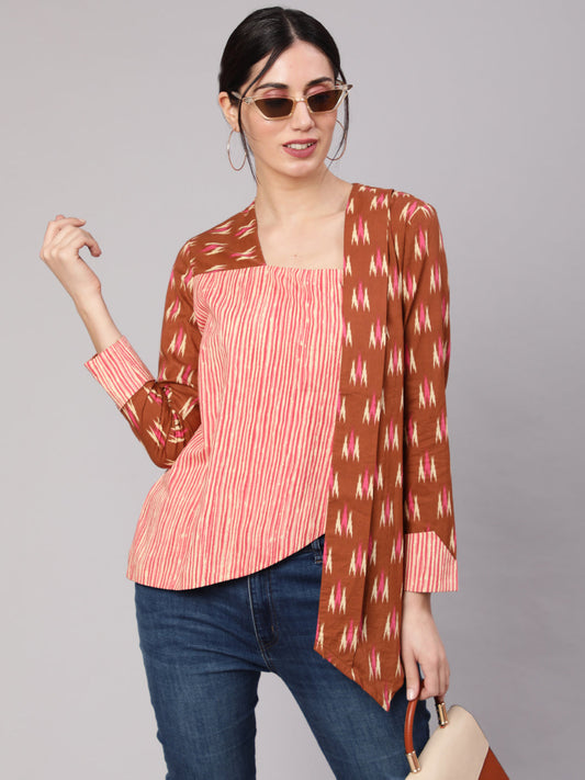 Women's Brown Ikat Print Layered Top