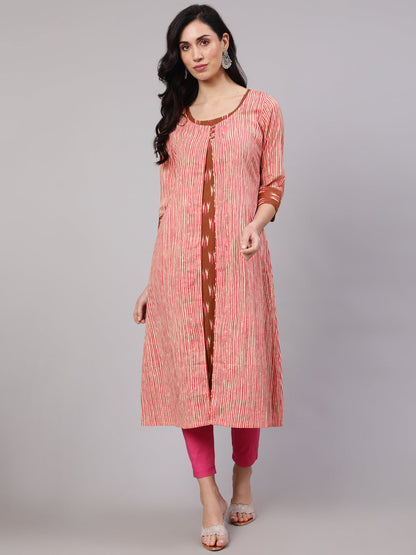 Women's Brown Ikat Print Kurta With Striped Jacket