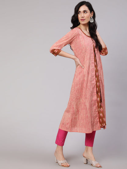 Women's Brown Ikat Print Kurta With Striped Jacket