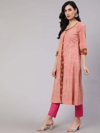 Women's Brown Ikat Print Kurta With Striped Jacket