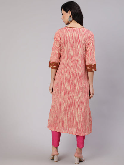 Women's Brown Ikat Print Kurta With Striped Jacket