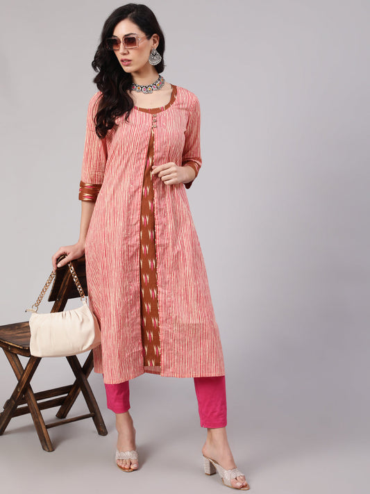 Women's Brown Ikat Print Kurta With Striped Jacket