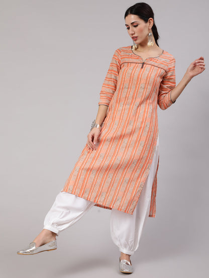 Women's Peach Striped Straight Kurta