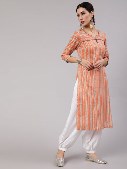 Women's Peach Striped Straight Kurta
