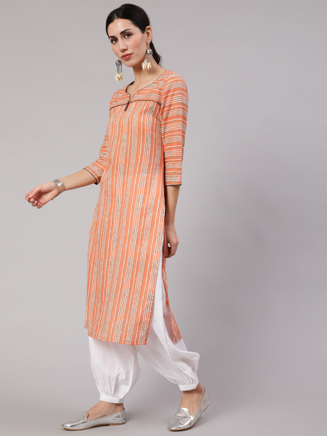 Women's Peach Striped Straight Kurta