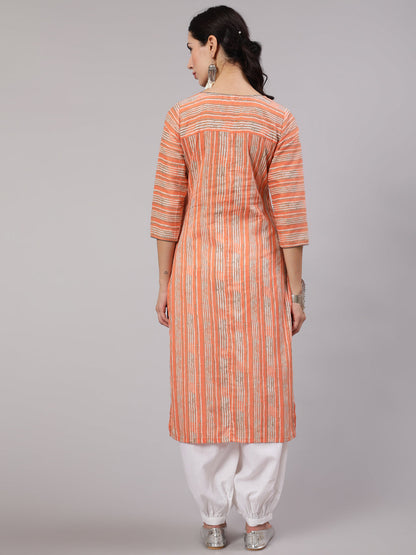 Women's Peach Striped Straight Kurta