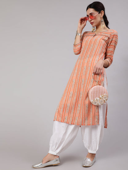 Women's Peach Striped Straight Kurta