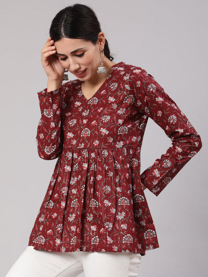 Women's Maroon Printed Gathered Tunic