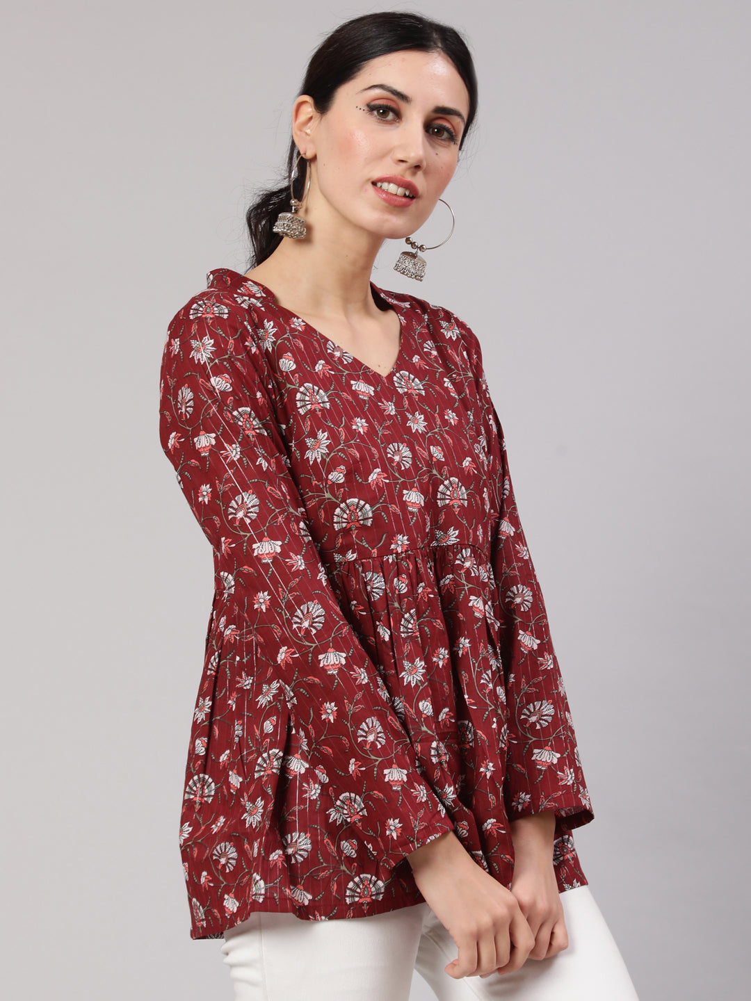 Women's Maroon Printed Gathered Tunic