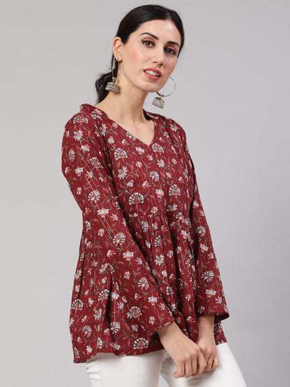 Women's Maroon Printed Gathered Tunic
