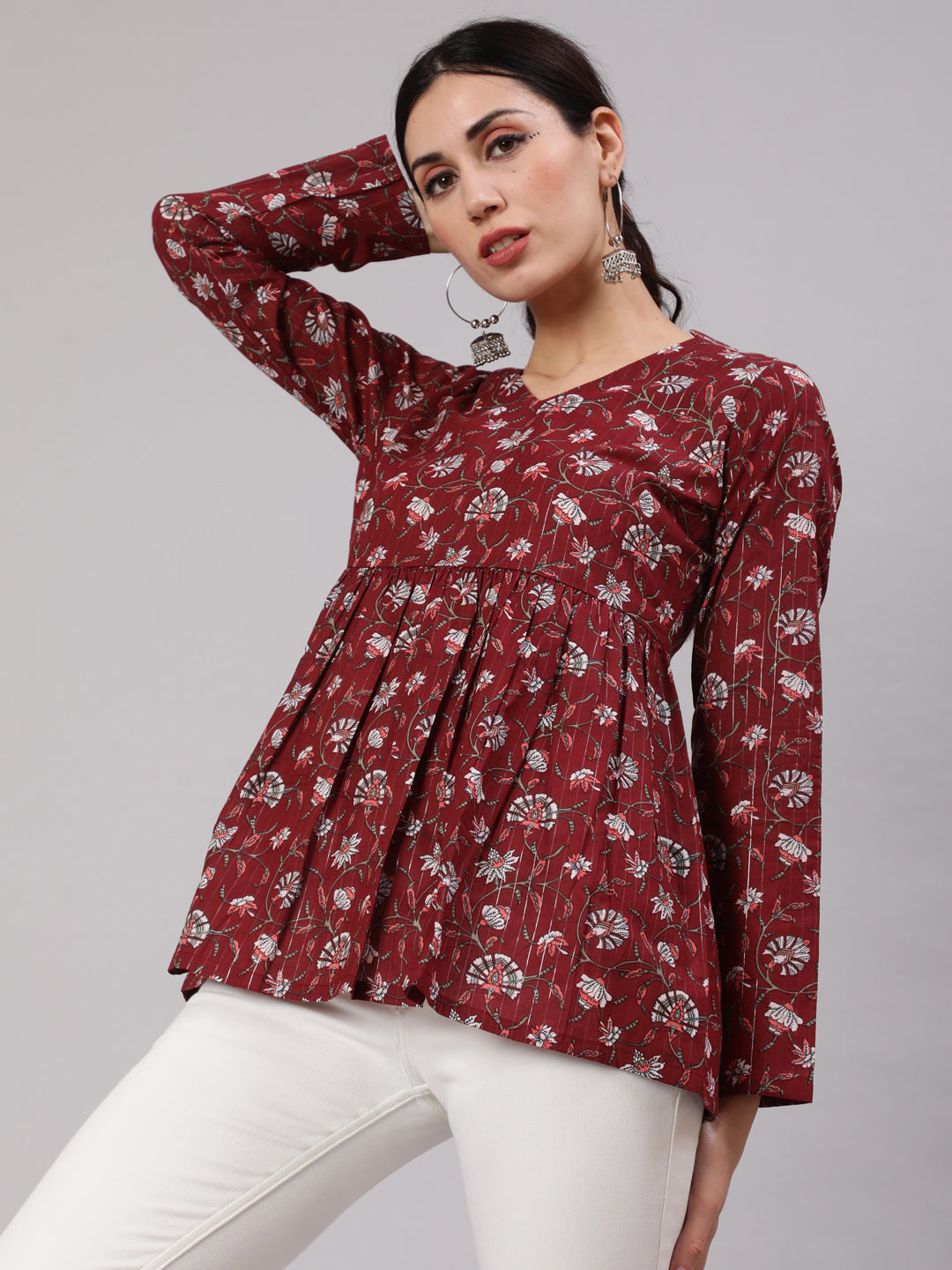 Women's Maroon Printed Gathered Tunic