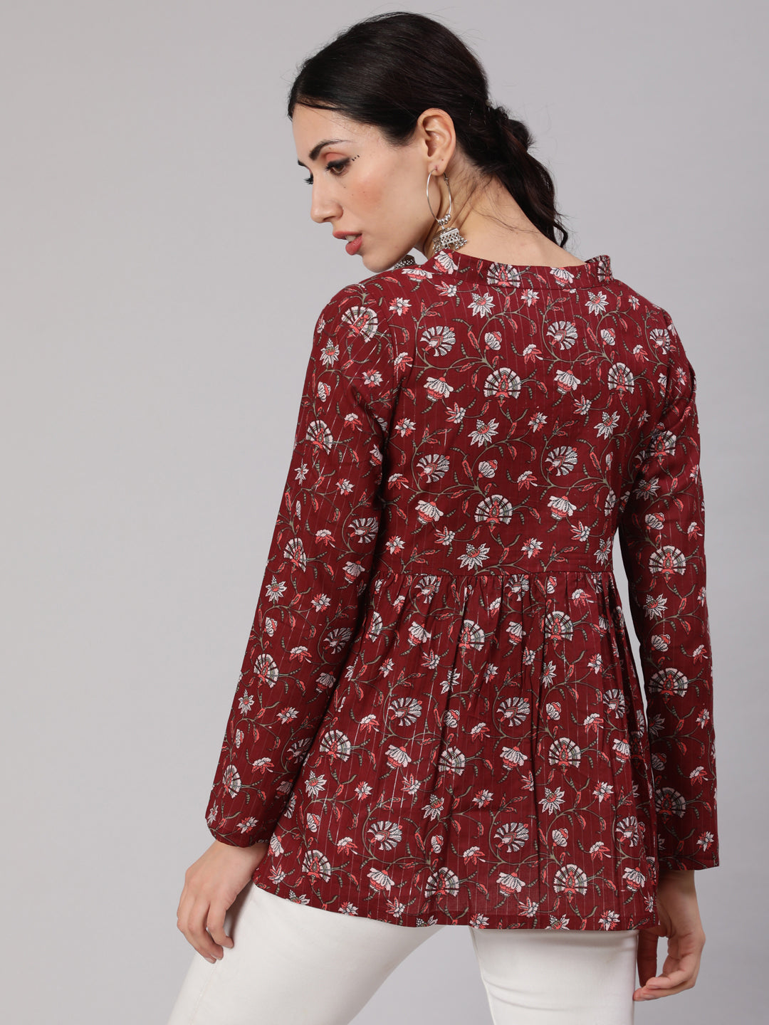Women's Maroon Printed Gathered Tunic