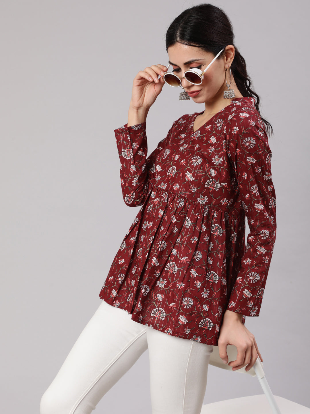 Women's Maroon Printed Gathered Tunic