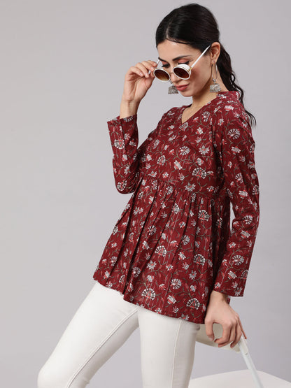 Women's Maroon Printed Gathered Tunic