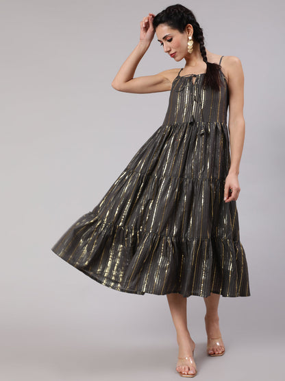 Women's Grey Lurex Striped Tiered Dress