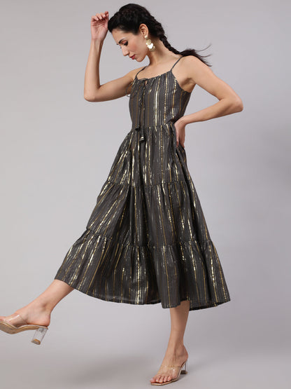 Women's Grey Lurex Striped Tiered Dress