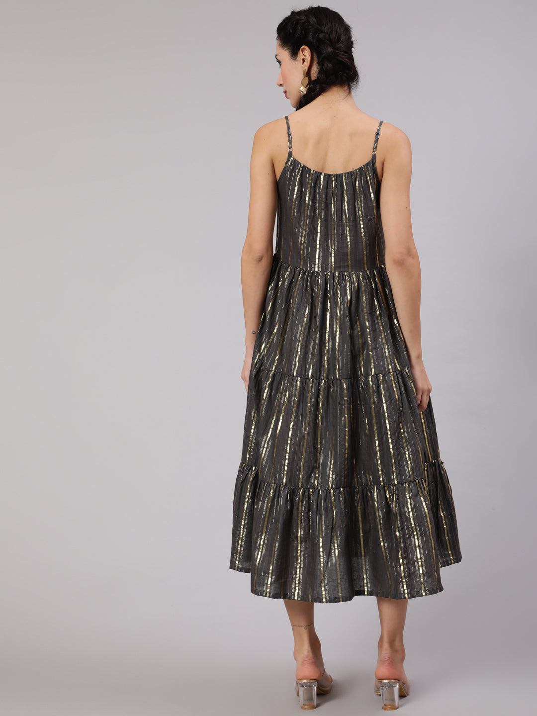 Women's Grey Lurex Striped Tiered Dress