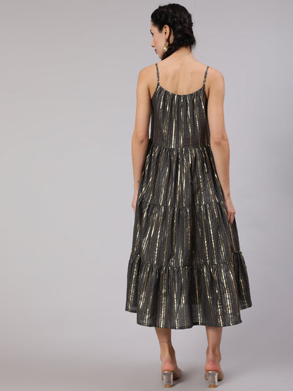 Women's Grey Lurex Striped Tiered Dress