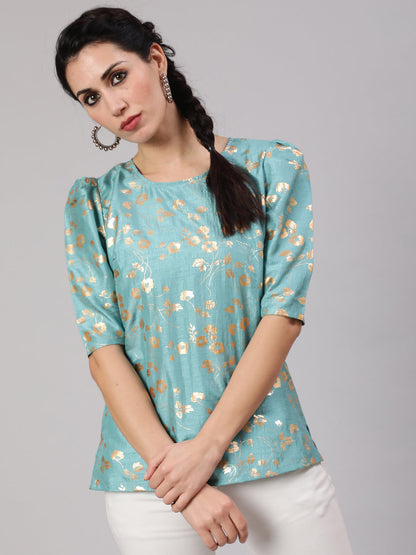 Women's Blue Foil Print Top