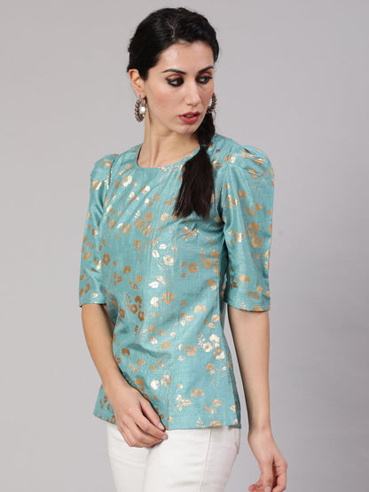 Women's Blue Foil Print Top