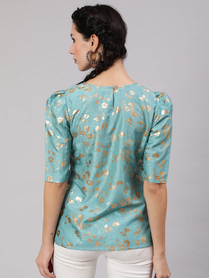 Women's Blue Foil Print Top