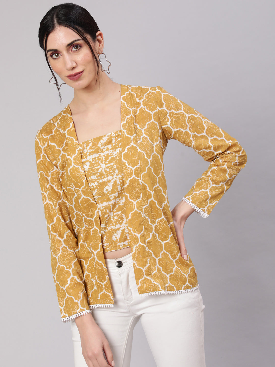 Women's Mustard Printed Lurex Top