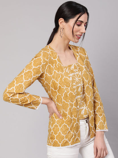 Women's Mustard Printed Lurex Top