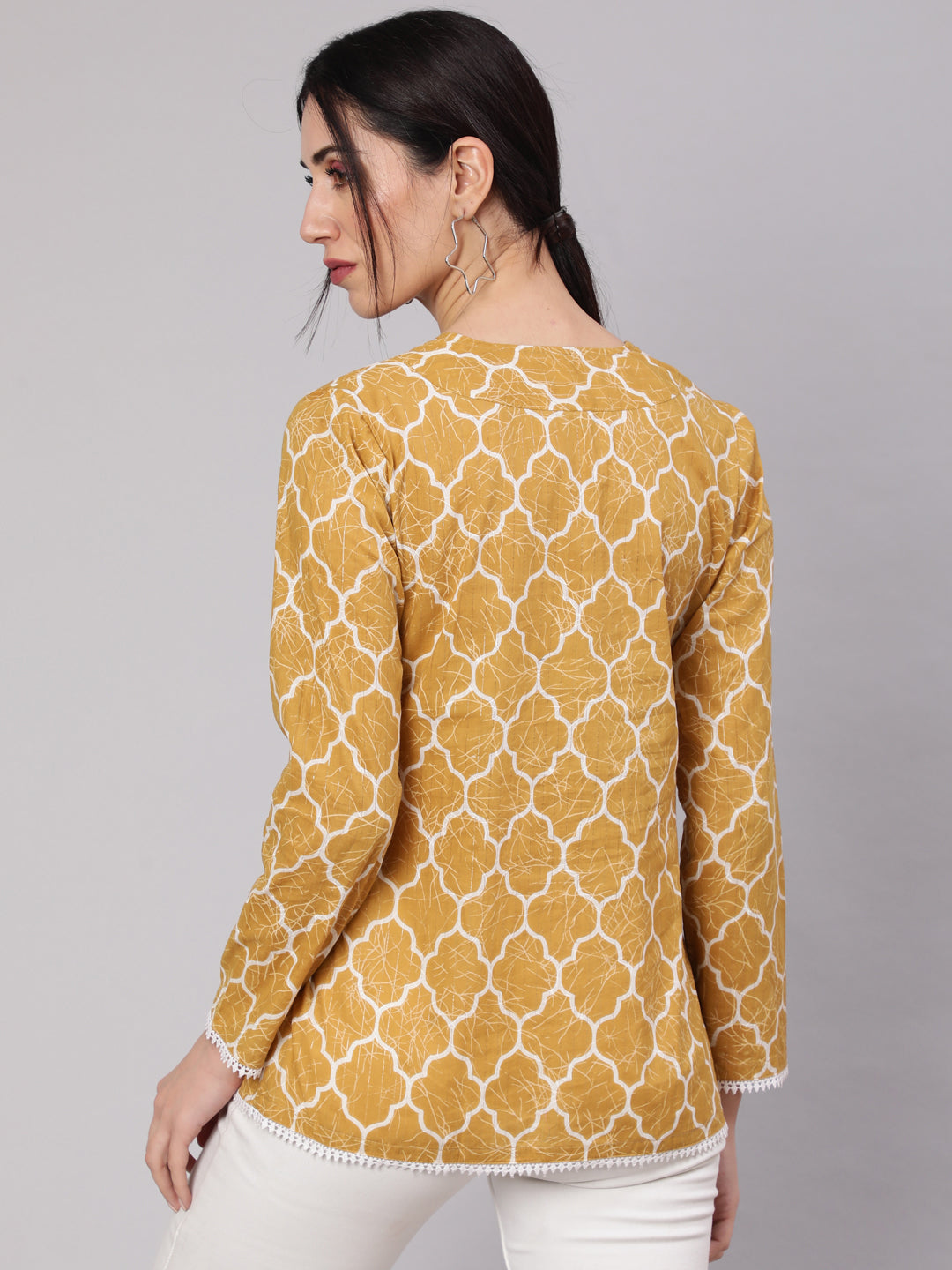 Women's Mustard Printed Lurex Top