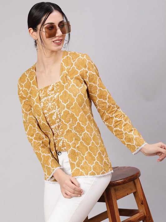 Women's Mustard Printed Lurex Top