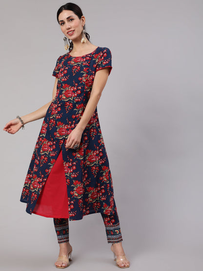 Women's Navy Blue Floral Print Layered A-Line Kurta