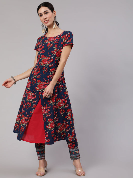 Women's Navy Blue Floral Print Layered A-Line Kurta
