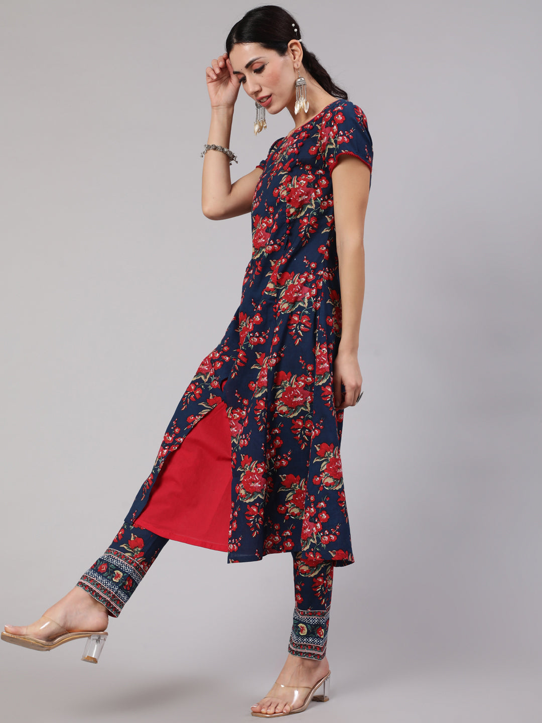 Women's Navy Blue Floral Print Layered A-Line Kurta