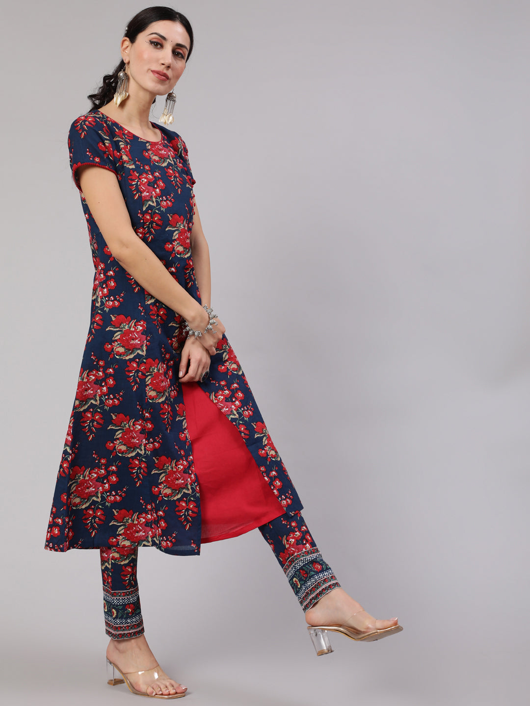 Women's Navy Blue Floral Print Layered A-Line Kurta