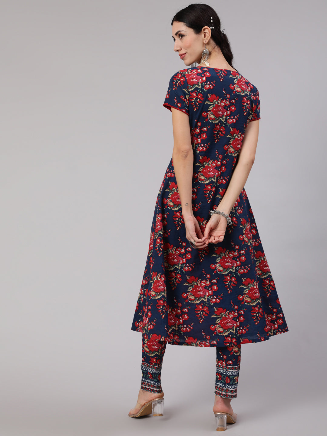 Women's Navy Blue Floral Print Layered A-Line Kurta
