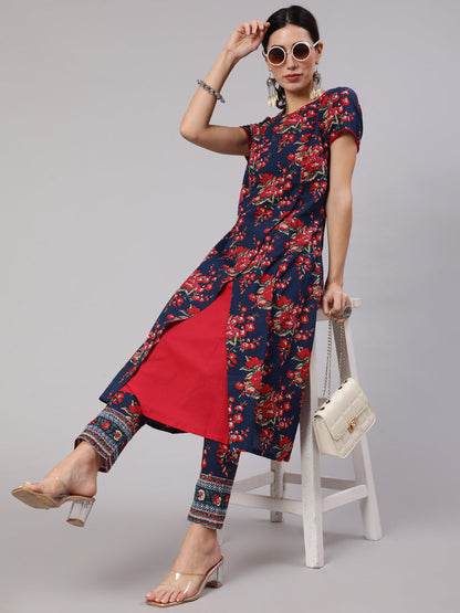 Women's Navy Blue Floral Print Layered A-Line Kurta