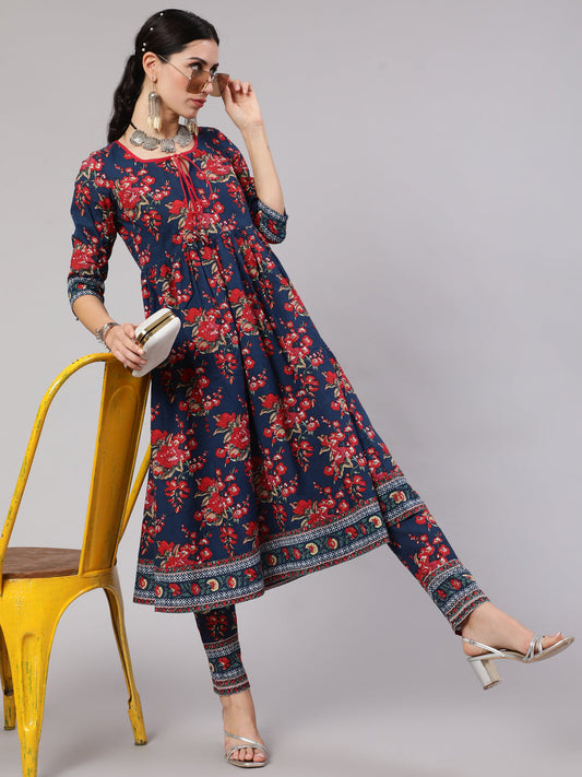 Women's Navy Blue Floral Print Gathered Kurta