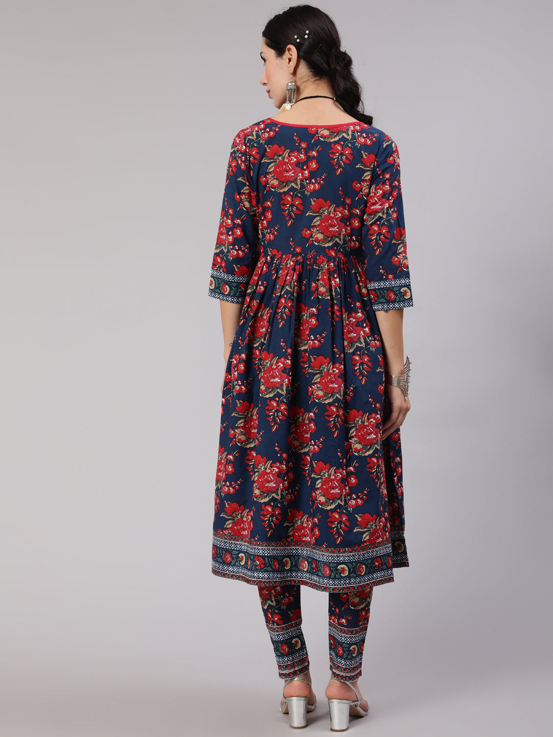 Women's Navy Blue Floral Print Gathered Kurta