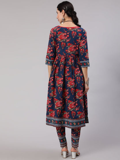 Women's Navy Blue Floral Print Gathered Kurta