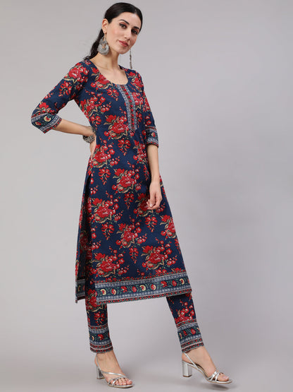 Women's Navy Blue Floral Print Straight Kurta
