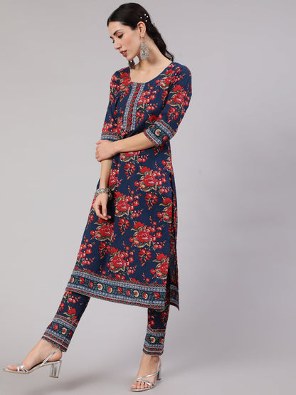 Women's Navy Blue Floral Print Straight Kurta