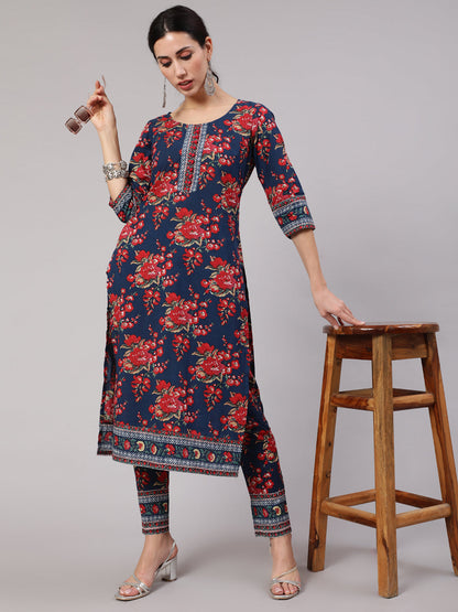 Women's Navy Blue Floral Print Straight Kurta