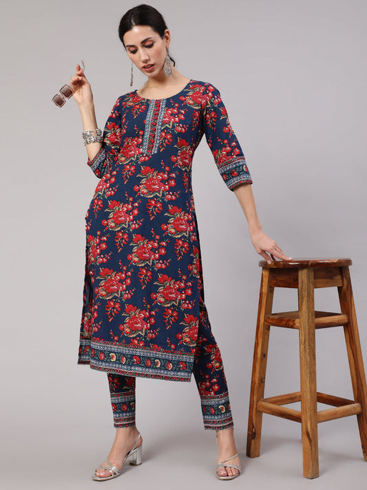 Women's Navy Blue Floral Print Straight Kurta