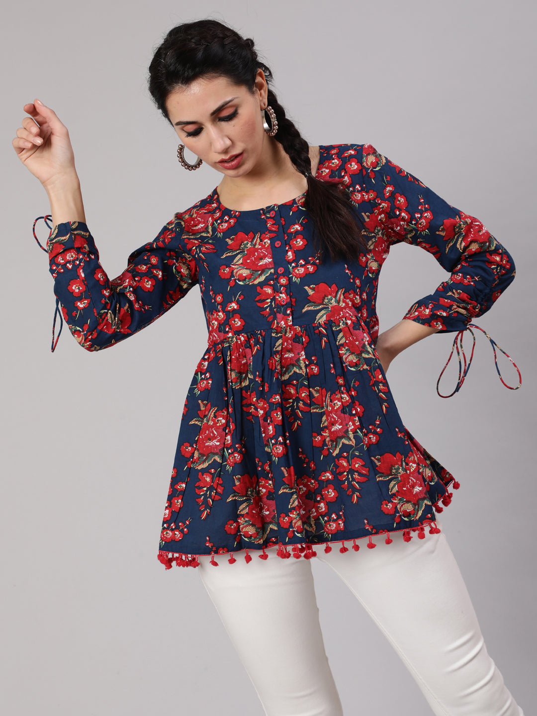 Women's Navy Blue Floral Printed Gathered Tunic